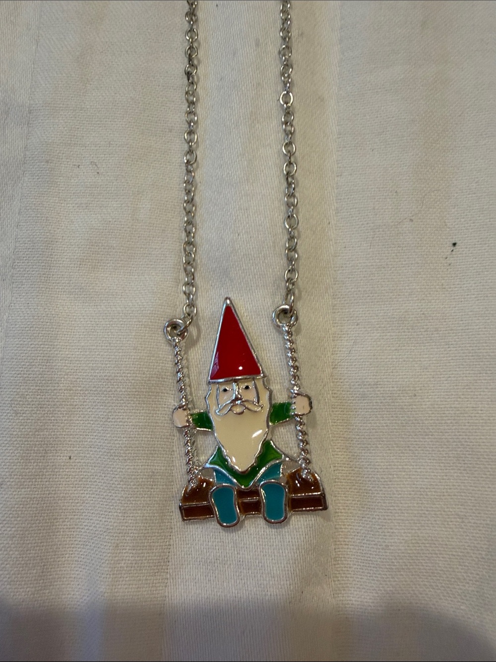 Silver-Tone Gnome Pendant Necklace with Red Hat and Green Outfit - Kids Jewelry